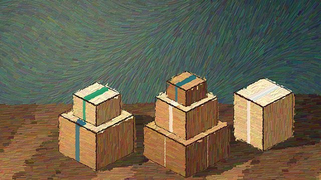 Oil painting of stacks of taped parcels on a wooden floor
